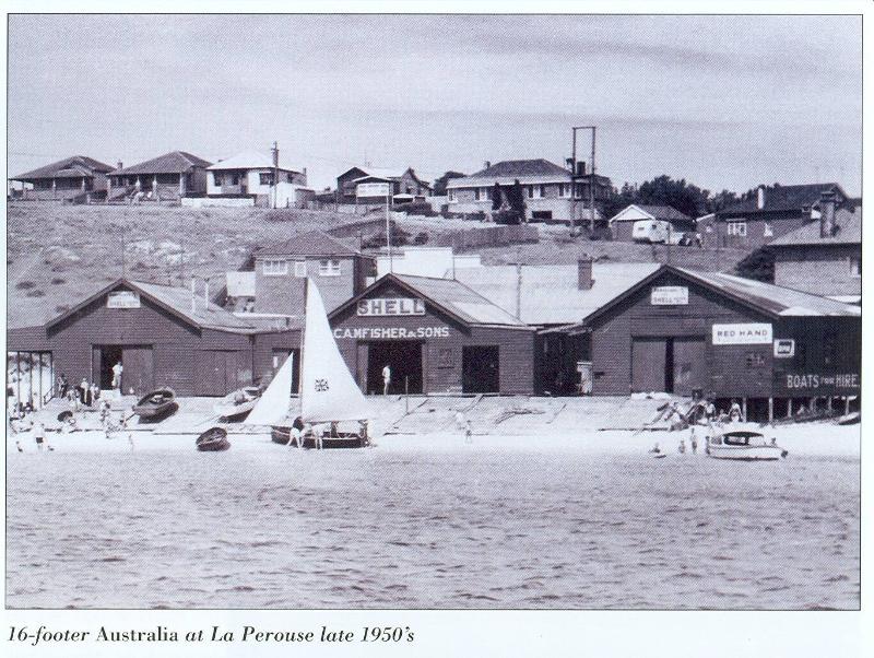 CAM Fisher's shed at La Perouse in the 1960s, with the 16 foot skiff AUSTRALIA in the foregroun…
