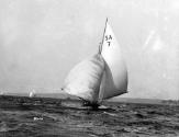 CARINA under spinnaker in a north-east sea breeze on Sydney Harbour, possibly racing in a Forst…