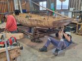 Undine under restoration at the Wooden Boat Centre, Franklin Tasmania 2023