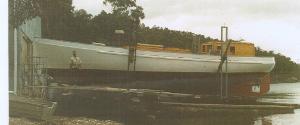 SEA SCOUT on a slipway in Tasmania during restoration work in the late 1990s.