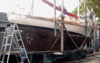 AEOLUS in 2006, on the slips for maintenance and showing its long keel and canoe stern hull sha…