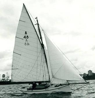 SAO on Sydney Harbour , a recent black and white image which shows the well proportioned gaff c…