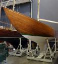 The beautiful varnished hull of BARRANJOEY, currently on display at Wharf 7 and part of the Syd…