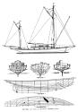 Lines and Sailplan of ARETHUSA from 1911 Rudder magazine used by Blore to design GYPSY.