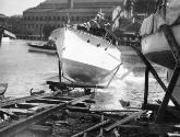 SEA EFF touches the water in Neutral Bay Sydney NSW on its launching day in 1934.