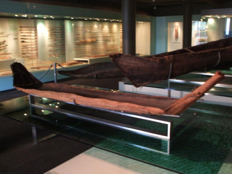 The distinct folds used  to form the bow and stern stand out in this view of the bark canoe.