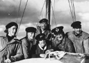 WAYFARER's crew during the first race. Peter Luke is resting aganst the mizzen.  From left to r…