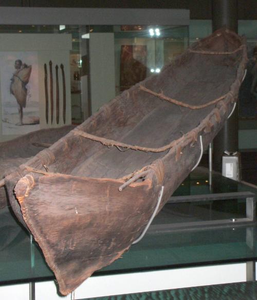 The stitching used to form the ends of the canoe is visible in this view.